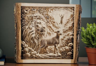 Handcrafted laser engraved wood wall art showing the lion and the lamb biblical scene with Jesus,