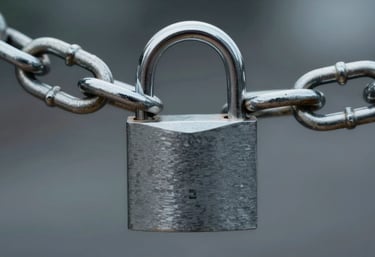 A close-up of a sturdy, modern steel padlock and heavy chain, symbolizing security and trust, brand palette #1A202C.