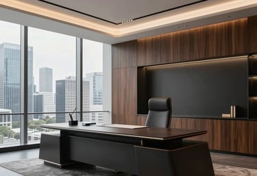 An elegant, spacious office bathed in warm beige light, showcasing the Annova Executive Series in a cinematic setting.