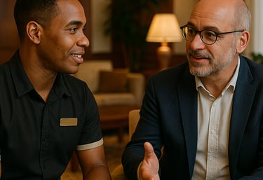 Formateur échangeant avec un collaborateur en tête-à-tête dans un cadre hôtelier chaleureux et humain