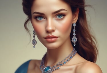 a woman in a blue dress and jewelry