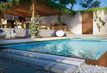 Rendu 3D piscine haut de gamme et pergola, materiaux premium