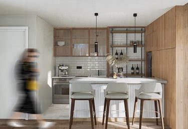 a person walking in a kitchen with a blurry image of a person walking in