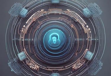 A digital rendering depicting a tall, metallic server rack positioned centrally on a platform. The server appears to have multiple blue-lit slots. Surrounding the rack, there are several stacks of cylindrical objects resembling databases or storage units, all set against a dark background.