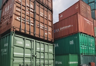 Several stacked shipping containers, predominantly showcasing the brands 'CMA CGM' on blue containers and 'EVERGREEN' on green containers. Below the containers is a blue and white sign with Asian characters.