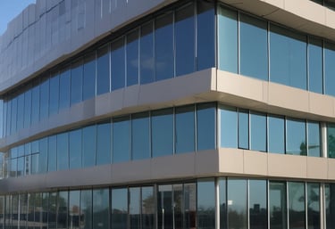 A series of glass panels arranged in a grid pattern, reflecting a scenic view of a serene landscape with greenery and a body of water. The panels are mounted using metallic bolts, creating a structured and geometric appearance. The view through the glass includes a clear blue sky with some clouds.