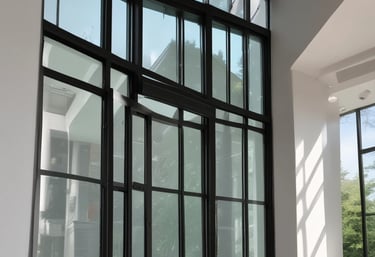 A series of glass panels arranged in a grid pattern, reflecting a scenic view of a serene landscape with greenery and a body of water. The panels are mounted using metallic bolts, creating a structured and geometric appearance. The view through the glass includes a clear blue sky with some clouds.