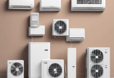 A row of air conditioning units is installed on the rooftop of a building. A person, wearing a hat, is working on one of the units. The building has several ventilators and metal ducts extending from it. The sky is clear and blue.