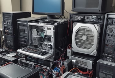 A messy tangle of blue, black, and green cables connected to network equipment on a shelf. There are several electronic devices, including routers and switches, with cables haphazardly arranged. A power outlet is visible on the wall.