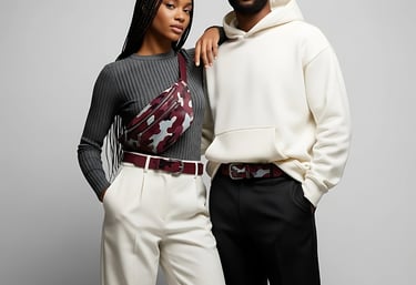 Contemporary photo of an interracial male and female couple in studio  wearing premium clean fashion