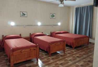 Una habitación con tres camas y un ventilador de techo.