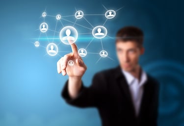 Man choosing employees on the screen 