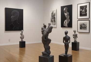 An art gallery hallway with richly decorated walls painted