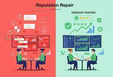 Reputation repair and crisis management transformation showing negative reviews being converted to p