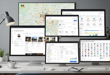 Local SEO optimization and Google My Business management interface showing business listings across 