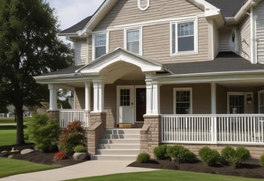 A well-maintained home exterior with a clear blue sky.