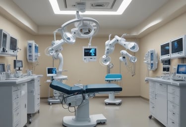 A dental professional wearing a face mask examines a product brochure. The background contains various dental care products including mouthwash and toothpaste packaging placed on a counter. The setting appears to be a dental clinic with a dental chair visible.