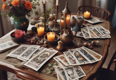 A clear quartz crystal stands upright on a circular, decorative mandala-patterned base. The background includes a soft fabric pouch with a geometric design and a round card with text, adding to the aesthetic appeal.
