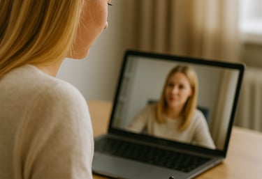 Blonde woman taking notes while watching online business coaching session.