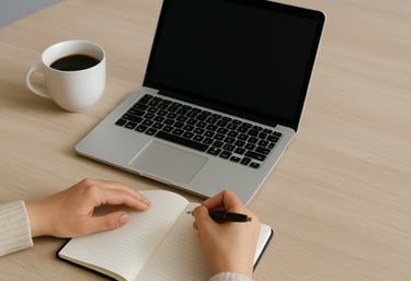 Organised desk with laptop, notebook, and coffee for small business productivity.