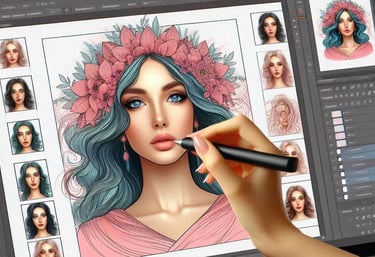 a woman's hand holding a pen and drawing a picture of a woman on a computer