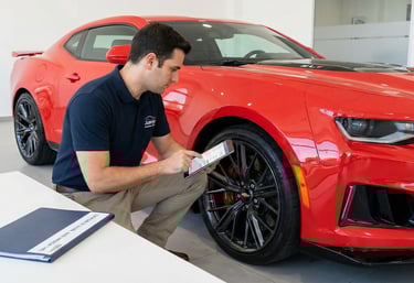 Juanjo American Cars realizando una inspección visual y certificación de calidad con una tablet a un Chevrolet Camaro rojo