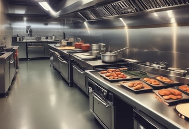 A commercial kitchen setting with chefs in white uniforms and black hats working at the counter. The kitchen is equipped with shiny metal bowls, cooking pots, and utensils. The background features a wall adorned with vibrant photographs of musicians.