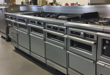 A busy commercial kitchen scene with chefs engaged in cooking. Flames rise from a pan held by one of the chefs as others look on and smile, indicating a lively and dynamic atmosphere. The kitchen features stainless steel surfaces, hanging utensils, and neatly arranged equipment.