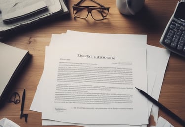 A neatly arranged setup featuring tax documents on top of a light-colored folder. An envelope and a sticky note are placed on the left side. A black pen is positioned near the paperwork. A coffee cup sits above the documents, suggesting a moment of work or review.