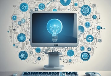 A modern tech studio workspace with dark tones and blue accents.