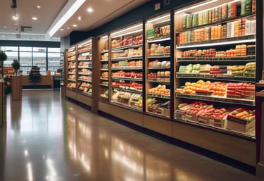 A busy market scene with a variety of fresh produce including onions and potatoes, packaged snacks, and grocery items displayed on wooden and metal shelving. Bright overhead lighting illuminates the spacious interior with a high ceiling, where shoppers are seen browsing. Visible signage indicates pricing for different items.