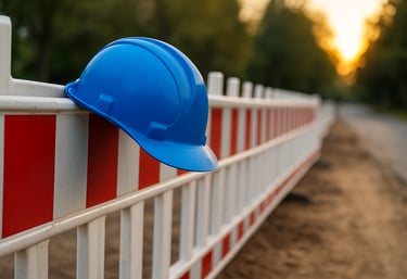 Schutzhelm an Baustellenabsperrung – UFT Bau GmbH Tiefbau Berlin