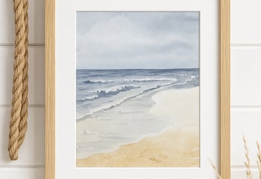 coastal watercolor painting hanging on a coastal themed shiplap wall with rope and shells