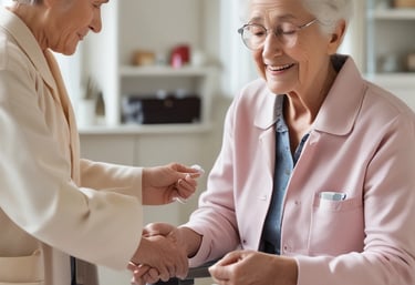 A caregiver assisting an elderly person with a warm smile in a home setting.