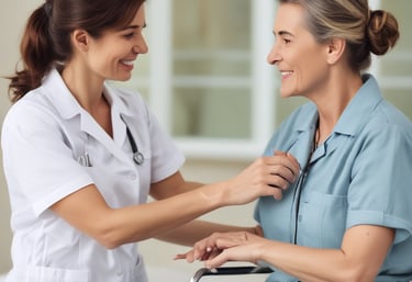 A caregiver assisting an elderly person with a warm smile in a home setting.