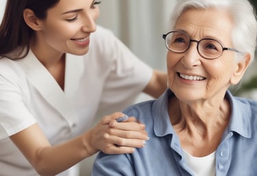 A family member and healthcare worker sharing a warm moment during home care support.