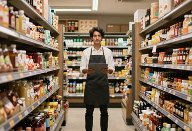 A grocery store manager holding a digital tablet while standing in a supermarket aisle for inventory management.