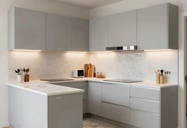 A modern living room with modular kitchen, wardrobes, and elegant ceiling design.