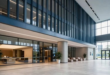 A wide-angle shot of a sleek, modern lobby in a Global / International headquarters featuring Steel Blue architectural details.