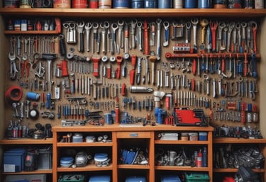 A variety of car parts and tools neatly organized in a garage.