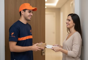 colaborador da empresa fazendo entregas de encomendas para moradora,