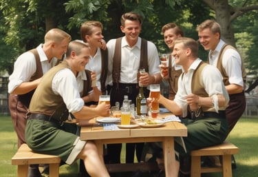 A community gathering with people enjoying German food and drinks.