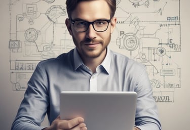 A team of professionals collaborating over a digital tablet in a modern office setting.
