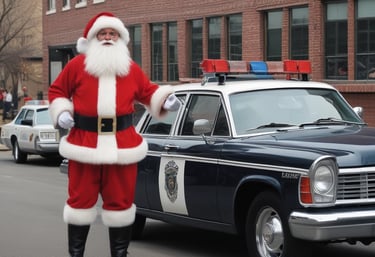 A festive scene features a small vehicle adorned with holiday decorations, including greenery and red tinsel. On top of the vehicle, a person dressed as Santa Claus, complete with a red hat and white beard, is waving or gesturing. Next to Santa stands another person wearing an elf costume. The scene takes place at night, surrounded by dark skies with a few onlookers visible around the vehicle, capturing the moment with their phones.