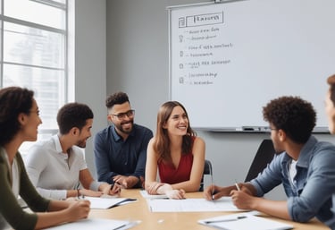 a group of people sitting around a table