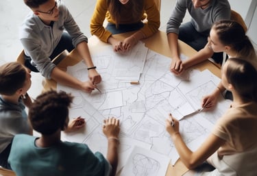 A diverse team collaborating around a laptop in a modern office space.