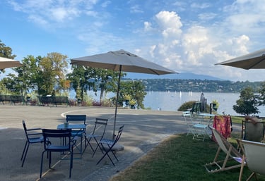View of sailboats on lake Geneva from an outdoor cafe
