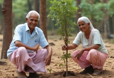 A man and a young child are planting a young tree in a forested area. The man is wearing a plaid shirt and a beanie, while the child is dressed in a blue hat and yellow boots. Gardening gloves and a small trowel are on the ground nearby.