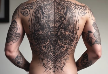 a man with tattoos on his back, a blackwork tattoo