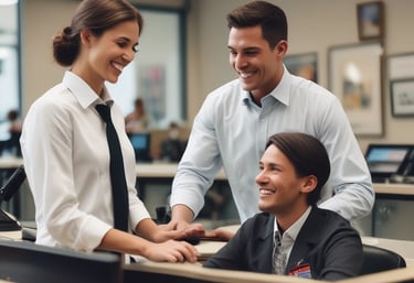 One woman and two men discussing an intern project sponsored by their college